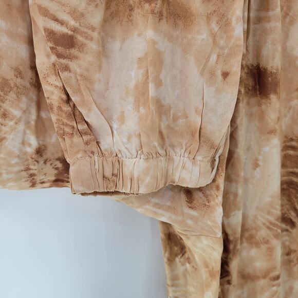 Japna Womens Joggger Jumpsuit M Brown Tie Dye‎ V Neck Boho Keyhole Smocked Waist - Picture 12 of 14